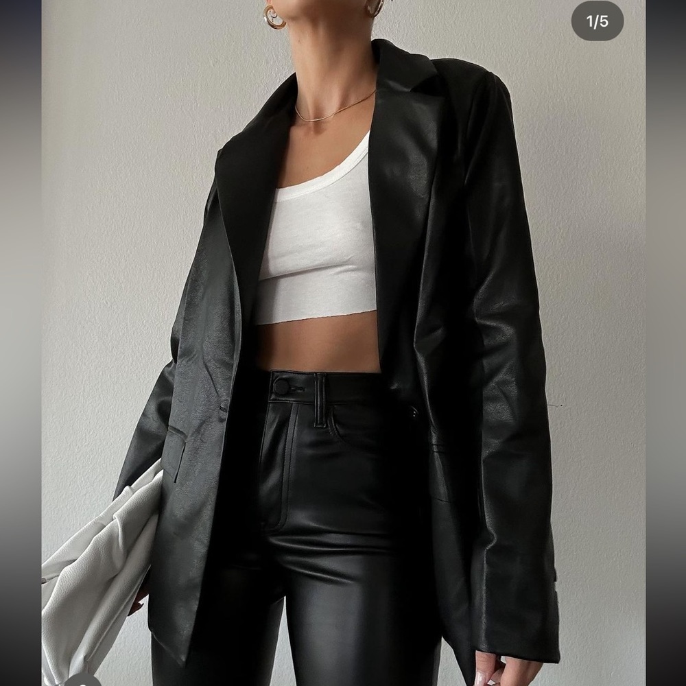 Black Faux Leather Long Blazer